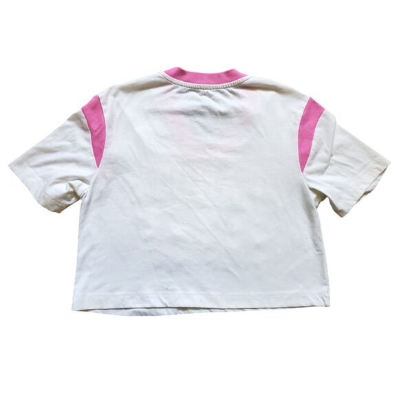 Peanuts Shirt Woman XS Snoopy Short Sleeve White Pink Crop Top V Neck Cartoon - Picture 2 of 6